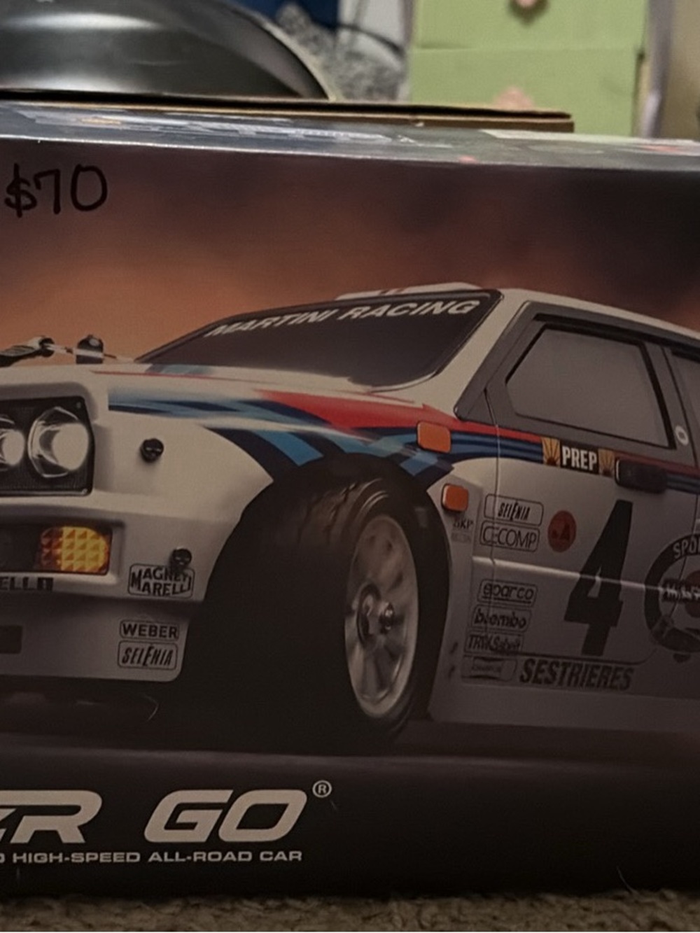 HyperGo LanciaVintage Rally Car Model Box - White with Blue & Red Racing Stripes